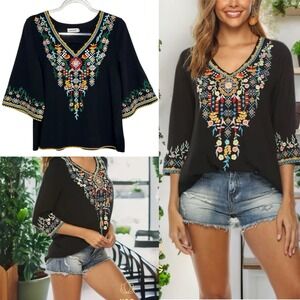Black Floral Embroidered‎ Mexican Peasant Boho Blouse – Size S